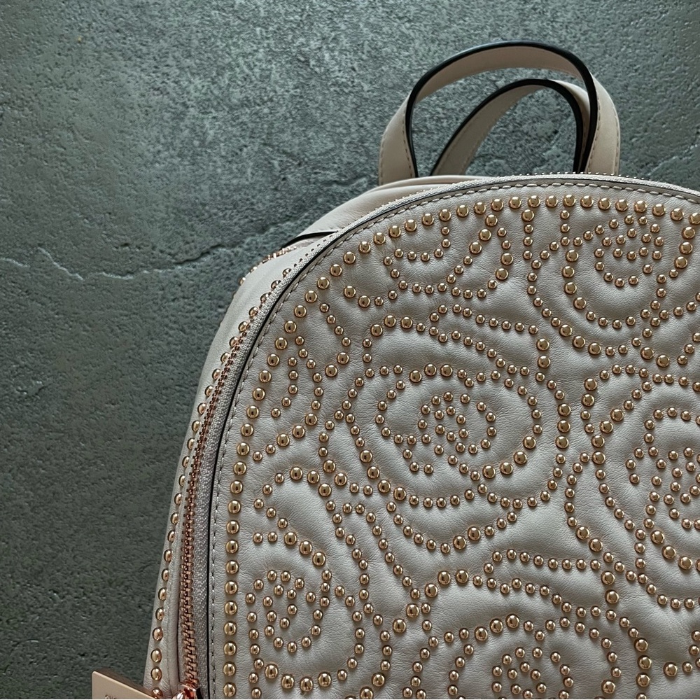 Michael Kors Beige Pink with Rose Gold Metal Rosette Studded Leather Backpack - Picture 7 of 15